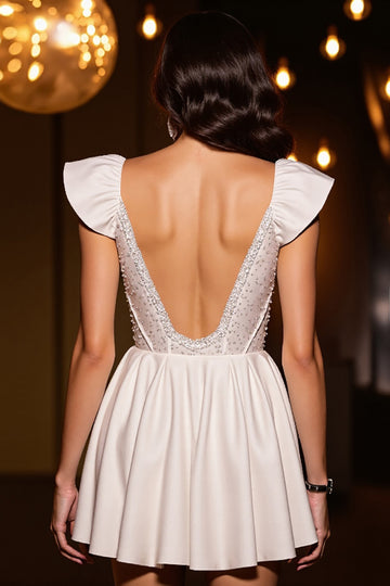 Sparkly Ivory Corset A Line Cap Sleeves Homecoming Dress